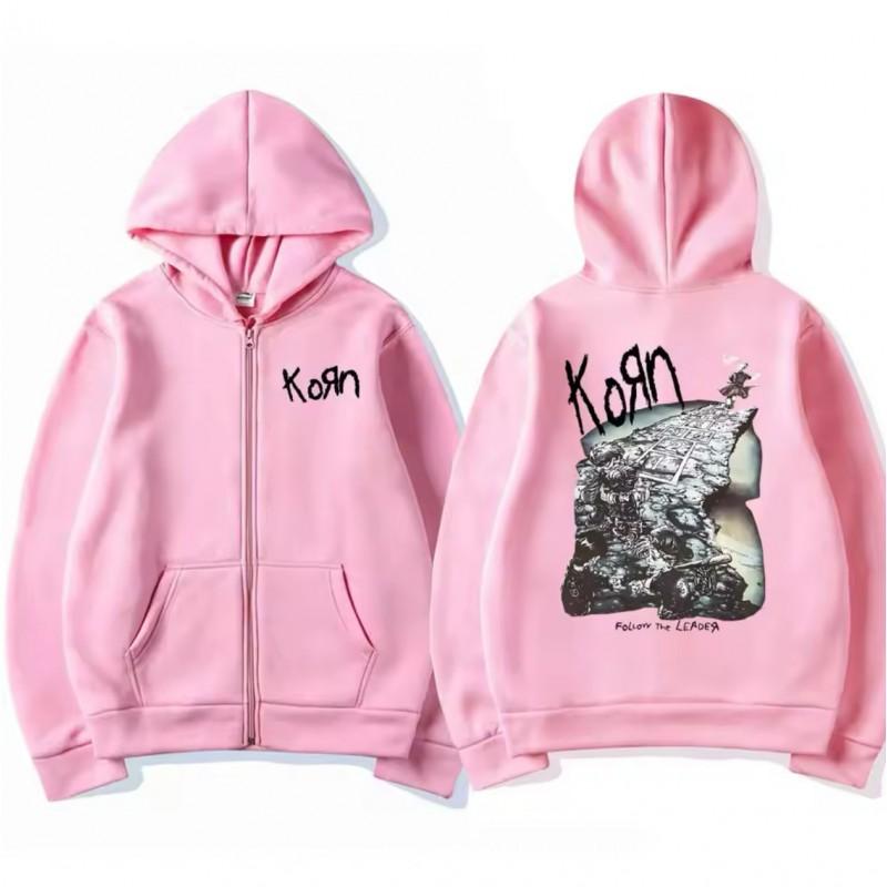 Long Sleeve Unisex Korn Band Graphic Zip Up Hoodie Casual Loose Fit Sweatshirt