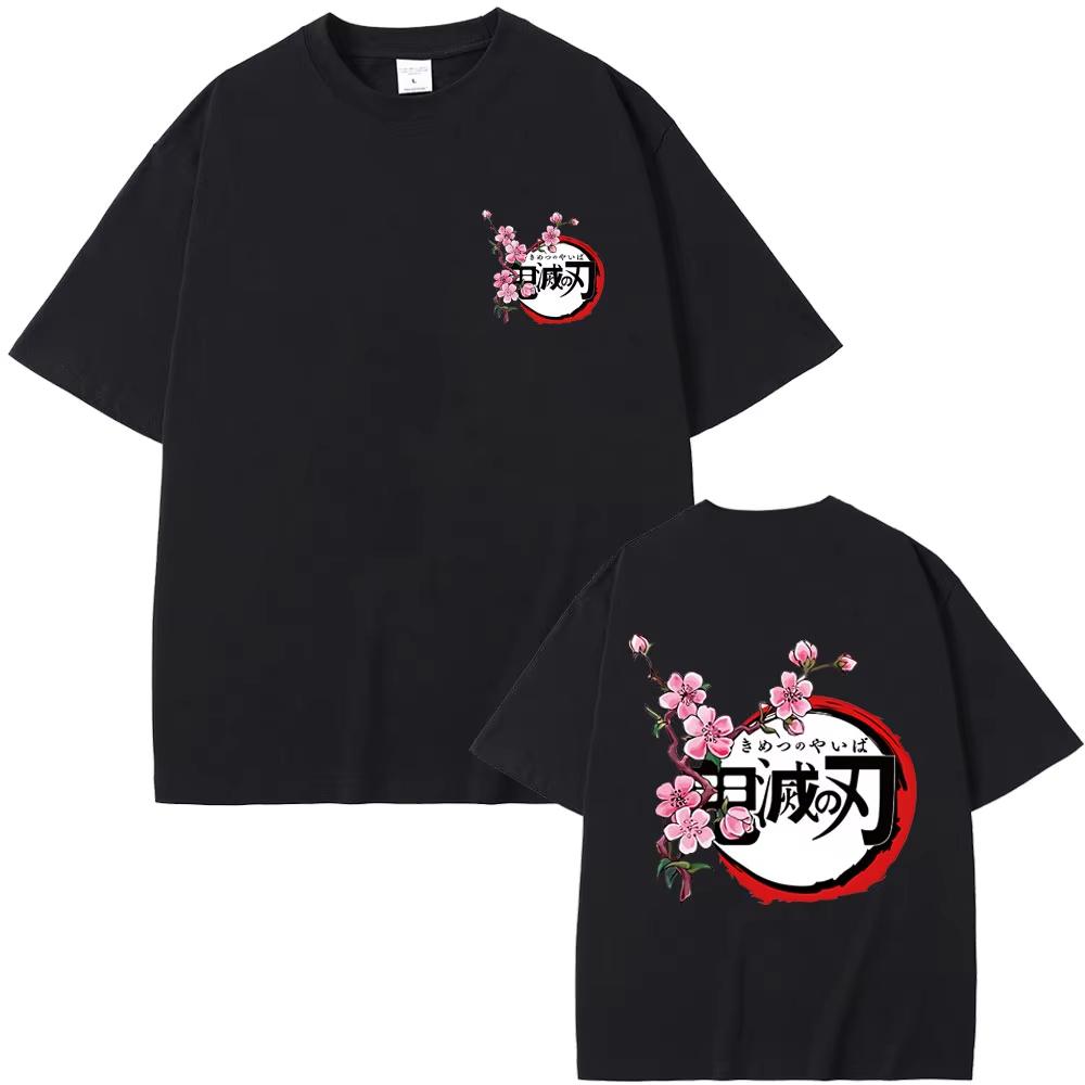 Anime Demon Slayer Cherry Blossom Logo Print T-shirt Male Summer Casual Oversized T Shirt Men Women Fashion Cotton Short Sleeves