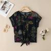Women Casual Round Neck Summer Short Sleeve Print Cotton Blouse