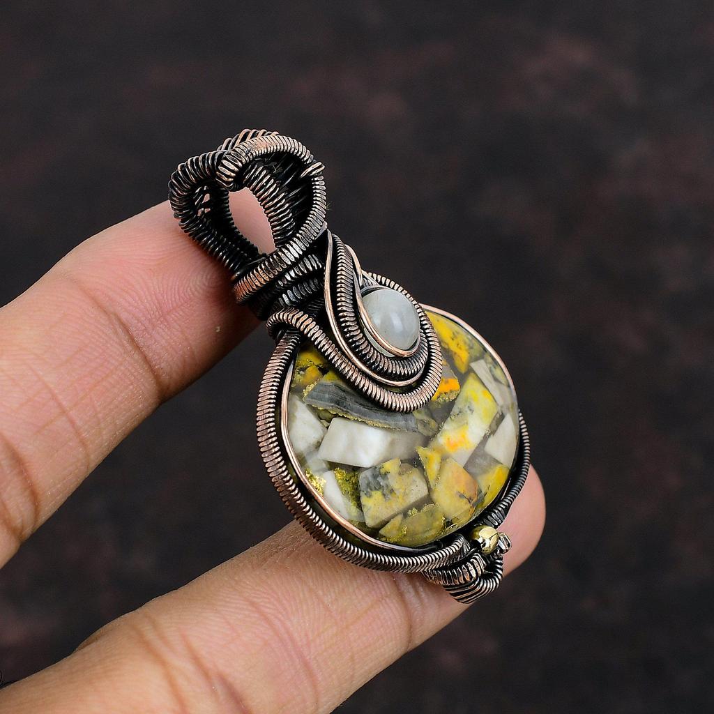 Copper Bumble Bee Jasper Pendant Copper Wire Wrapped Pendant Handmade Gemstone Pendant Rainbow Moonstone Pendant Copper Wire Wrapped Jewelry
