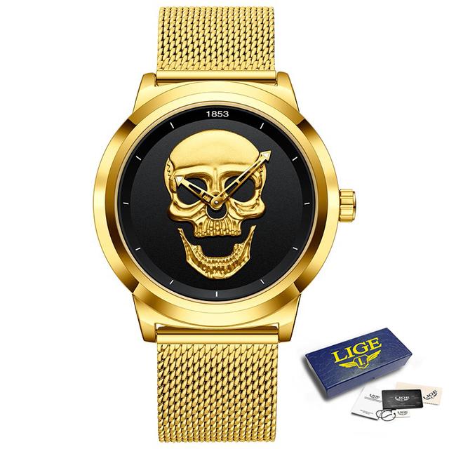 LIGE Brand New Style 3D Skull Men Watch Gift Steel Mesh Waterproof Military Male Sport Punk Quartz W