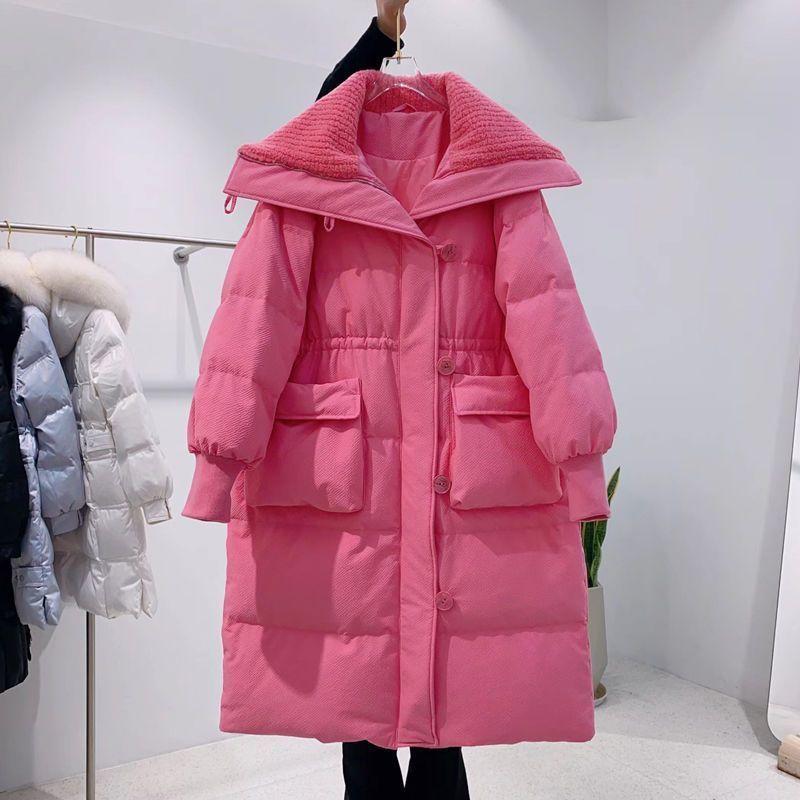 European station lamb wool large lapel cotton clothes women's winter year loose medium and long white duck down thickened coat