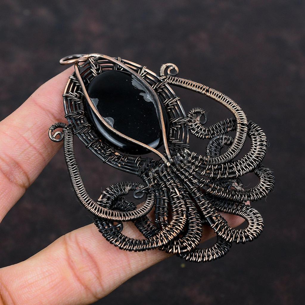 Кулон из черного оникса, медная проволока, кулон, кулон в виде осьминога, медные украшения, кулон ручной работы, ювелирные изделия из проволочной обмотки, кулон с драгоценным камнем для подарка