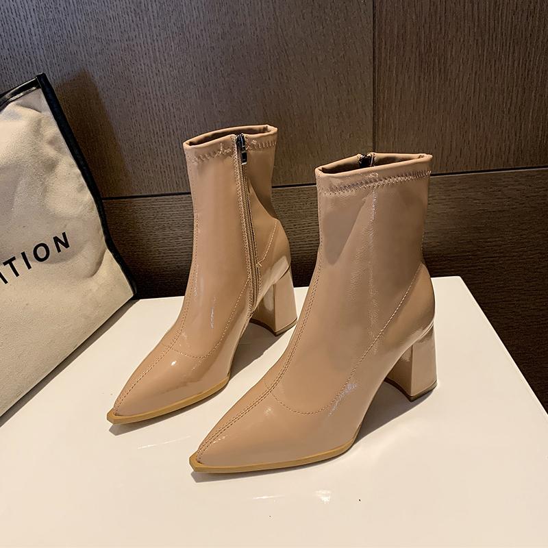 Осенние женские туфли на каблуке Зимние ботильоны на толстом каблуке из бархата для женщин Повседневные женские ботинки челси на высоком каблуке