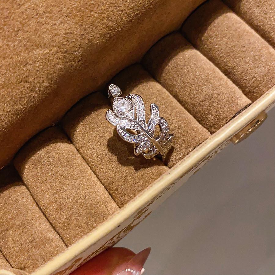 Simple Cz Zircon Feather Leaf Open Ring For Daily Office Wear