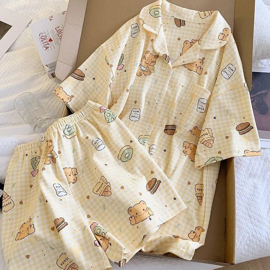 Japanese soft cute yellow plaid bear pajamas women's summer short-sleeved shorts cardigan set loungewear girl two-piece set