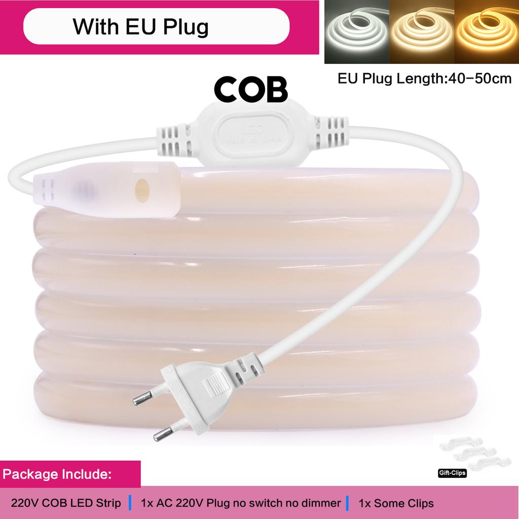 1-50M 220V COB LED Neon Strip Light IP67 Waterproof With Switch/Dimmer EU Plug White Natual Warm Flexible Ribbon Tape Room Decor