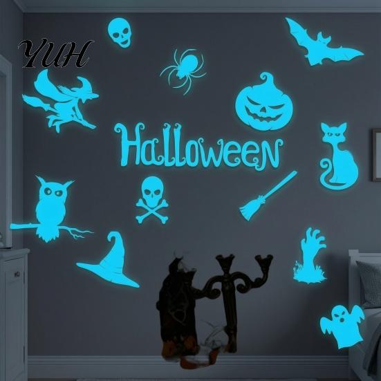 Creative Gifts for Friends Halloween Glow in The Dark Wall Stickers, Luminous Decals with Ghost Cat Spooky Art Stickers Pumpkin Bat Witch Patterns,