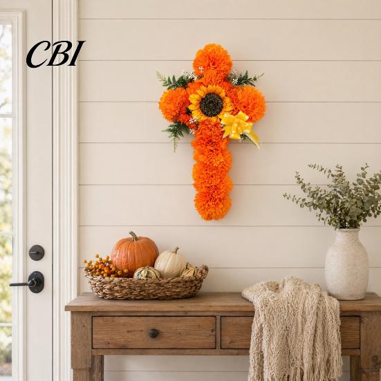 Marigold And Sunflower Bouquet 2Pcs Dia De Los Muertos Artificial Flower, Cross Wall Decor for Day Tabletop Flowers of The Dead Halloween Easter