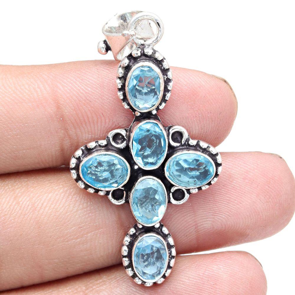Pendant Swiss Blue Quartz Gemstone Gift For Her Silver Jewelry 2"