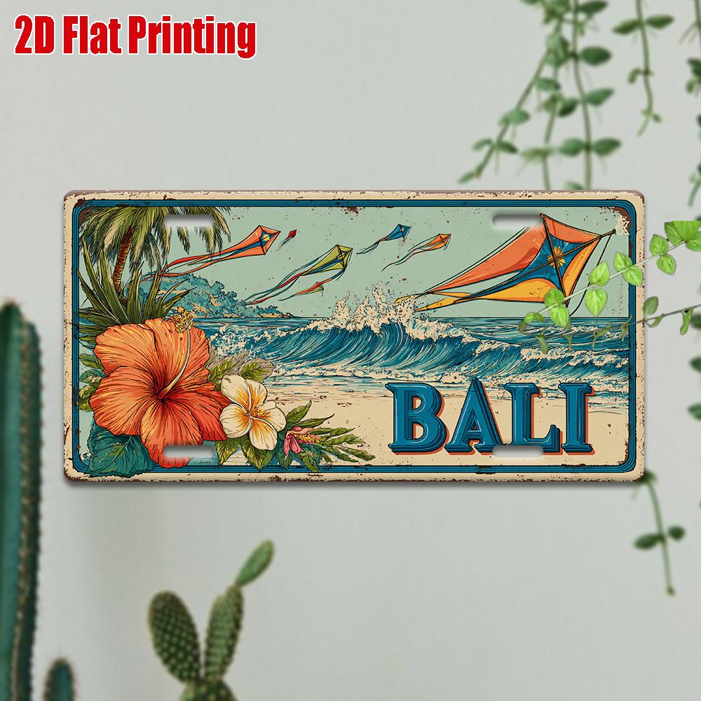 Printing, , Vintage Metal License Plate, Outdoor Wall Art , BALI Aluminum Sign with Tropical Surf and Kite Scene, Great for H
