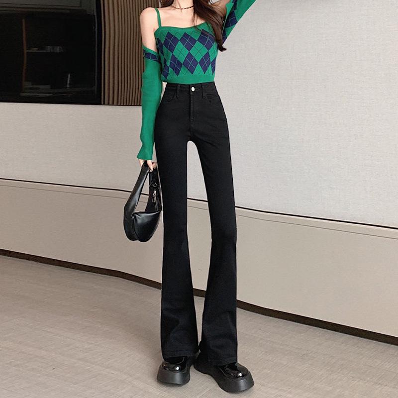 Women's Blue-Gray High Waist Slimming Flared Jeans - Small Size, Elastic Autumn/Winter Pants