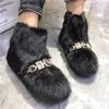 Fashion Women Mink Fur Flat Casual Shoes Ankle Winter Warm Snow Boots Crystal Decor Outside Footwear Short Boots Black