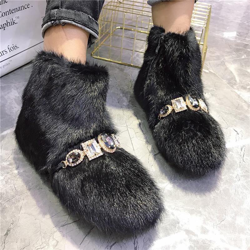 Fashion Women Mink Fur Flat Casual Shoes Ankle Winter Warm Snow Boots Crystal Decor Outside Footwear Short Boots Black