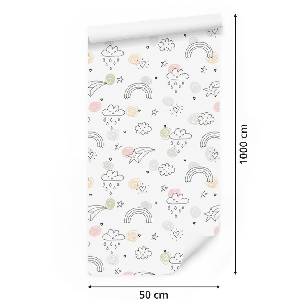 Clouds, stars, hearts and rainbows wallpaper for living room and bedroom 50x1000