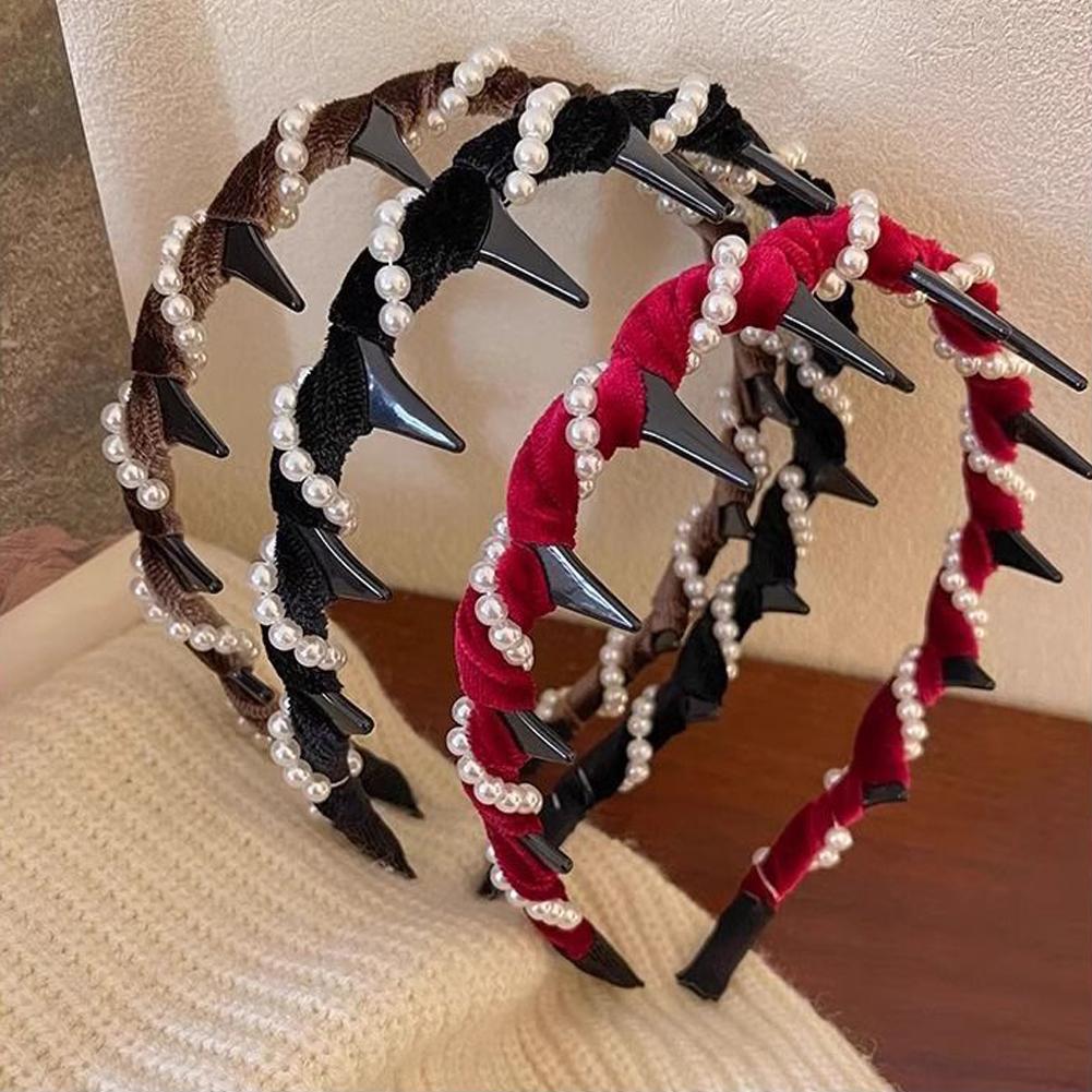 Vintage Velvet Pearl Wave Top Hairband Anti-Slip Toothed Hairband For Women Girls Fashion Sweet Hair Accessories Scrunchies Hoop