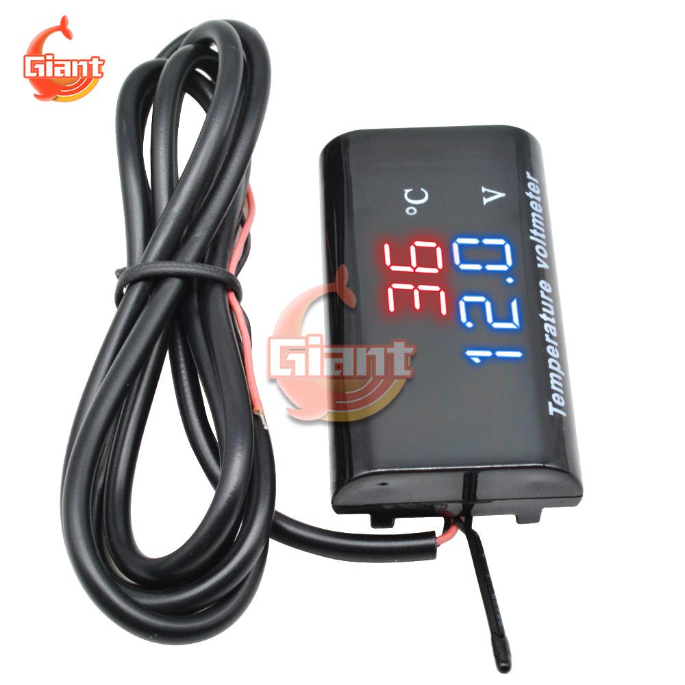 DC 12V Digital Temperature Voltmeter Meter IPX6 Waterproof for Boat Motorcycle 0.28 inch LED Display Volt Voltage Meter Tester