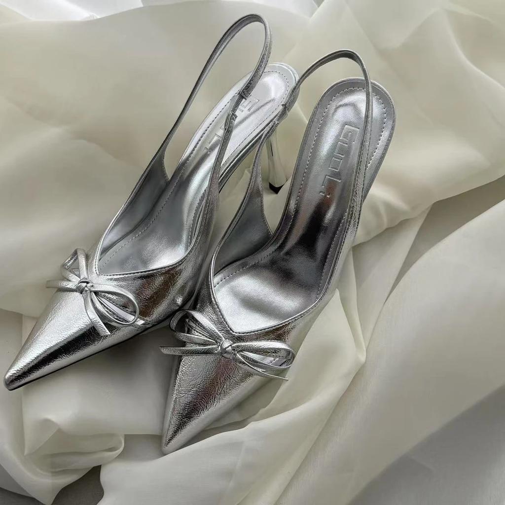 Французские остроносые нюдовые туфли на высоком каблуке 2025 новинка бант сумка голова сандалии женские весенне-летние тонкий каблук лакированные туфли