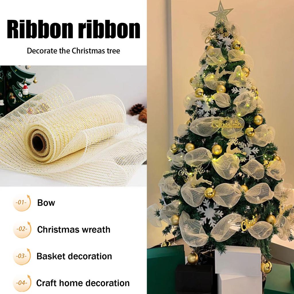 2 Rolls Decorative Mesh Ribbon Metallic Foil Mesh Rolls Christmas Mesh Ribbon for Christmas Tree Garland Craft Decorations