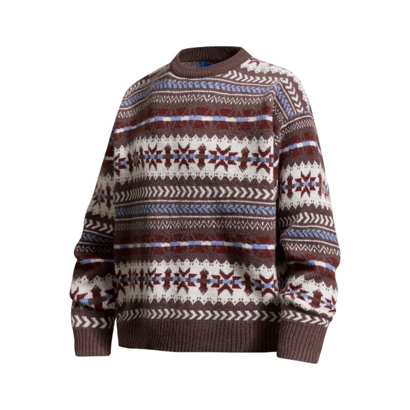 Unisex Vintage Fair Isle Knit Cardigan Sweater With Geometric Loose Fit Crew Neck Long Sleeve Fall Outerwear