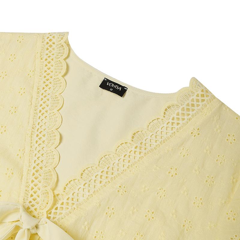 VONDA Women V Neck Short Sleeve Embroidery Buttons Up Crochet Lace Casual Blouse