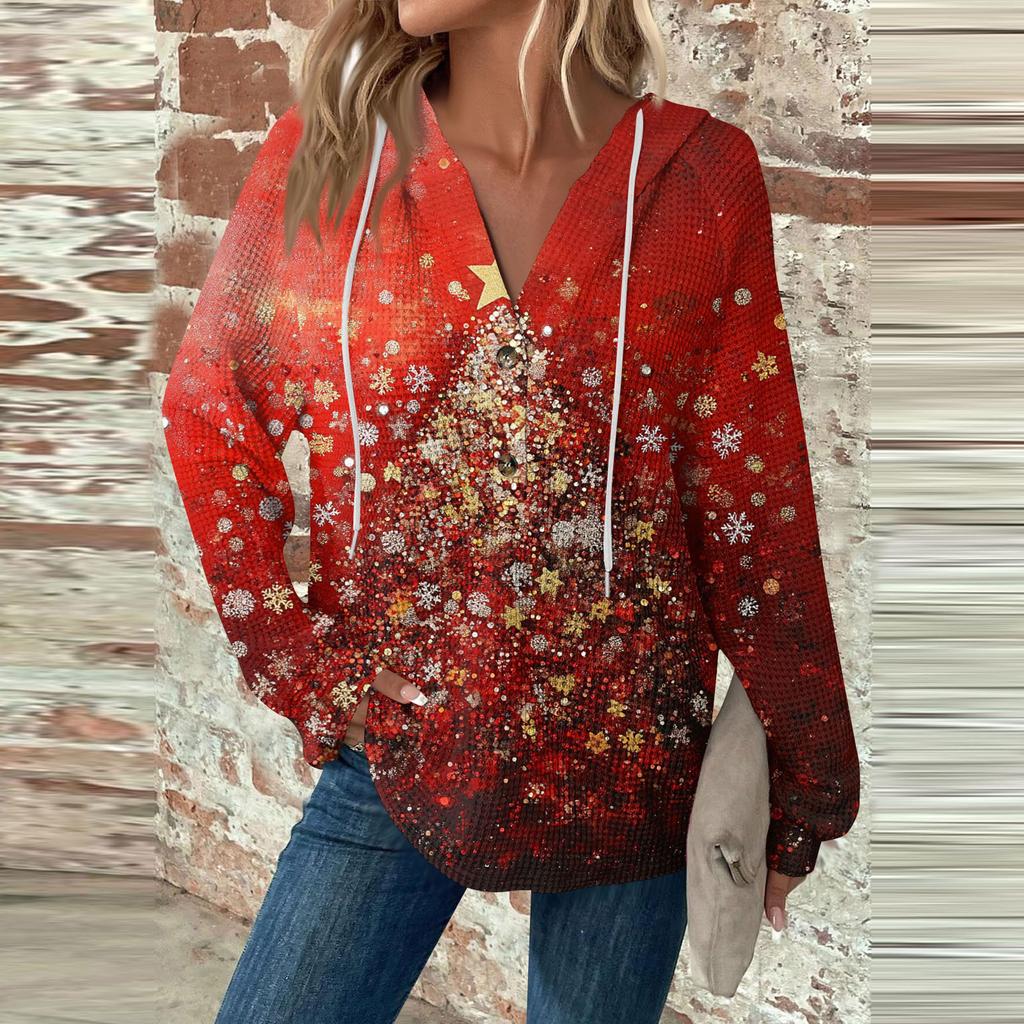 Женская мода с длинным рукавом, завязками на шнурке, капюшоном, пуговицами, V-образным вырезом, повседневная толстовка с капюшоном и рождественским принтом