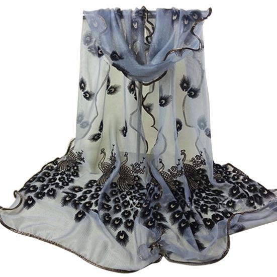 Women Fashion Peacock Flower Embroidered Lace Scarf Long Soft Wrap Shawl Stole