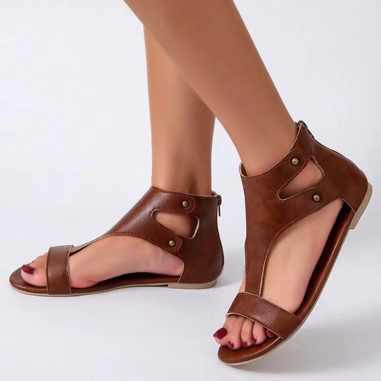 Ретро босоножки с открытым носком больших размеров 2025: Однотонные, с вырезами, с открытым носком, балетки на молнии сзади для женщин