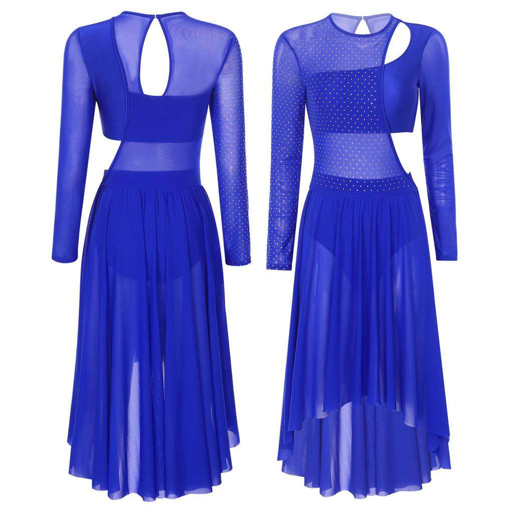 Женский лирический современный танцевальный костюм с длинными рукавами и стразами, сетчатое лоскутное платье с вырезами, балетное трико, платье