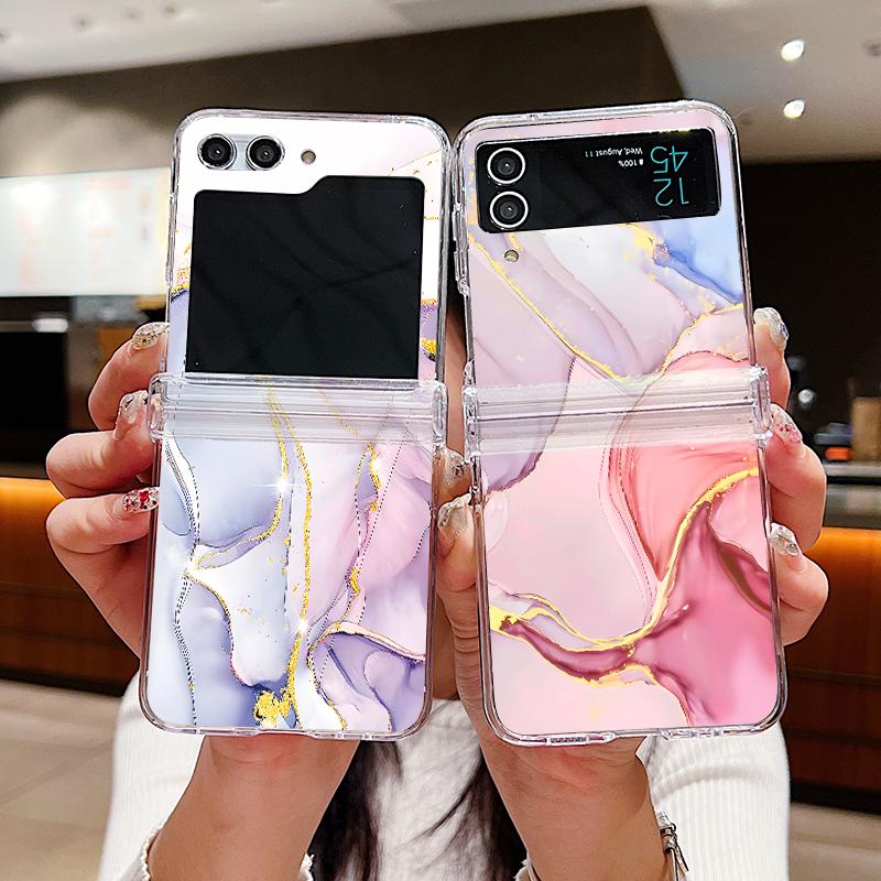 Чехол с мраморным узором для Samsung Galaxy Z Flip7 Flip6 Flip5 5G Жесткий прозрачный ПК Чехол-раскладушка для Galaxy Z Flip 7 5 4 6 3 5G