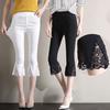 Women Cropped Pants Solid Color High Elastic Summer Flared Pants Lace Stitching Trim Tight Leggings with Pockets