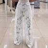 Women's Lace Patchwork Jeans Casual Baggy Straight Wide Leg Denim Pants Mid Waist Floral Hollow Out Jeans