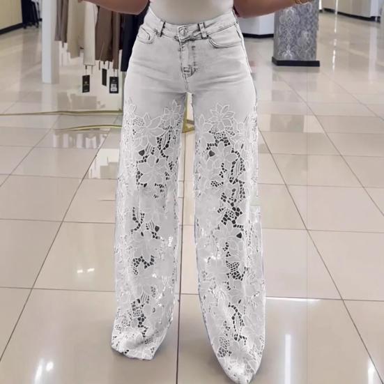 Women's Lace Patchwork Jeans Casual Baggy Straight Wide Leg Denim Pants Mid Waist Floral Hollow Out Jeans