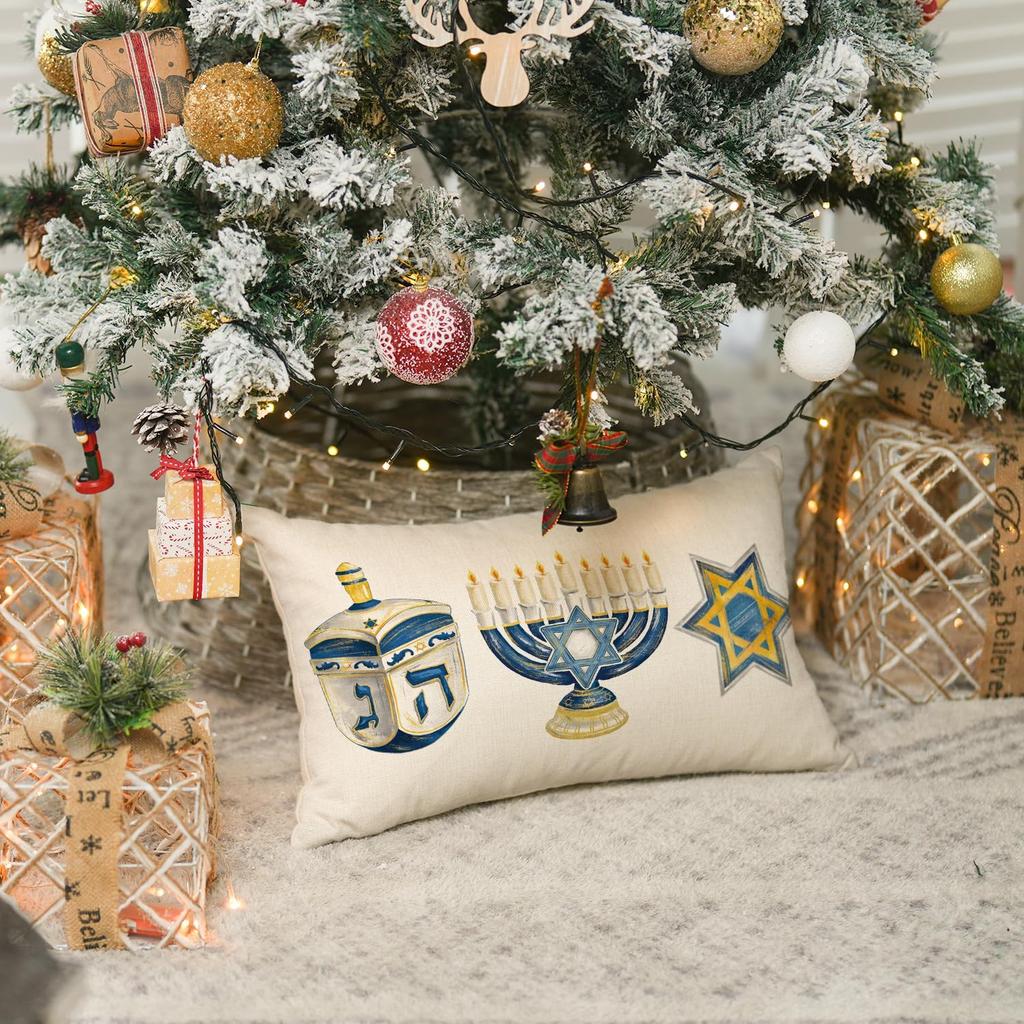 AVOIN colorlife Hanukkah Menorah Light Star of David Throw Pillow Cover, 12 x 20 Inch Chanukah Dreidel Hexagram Holiday Cushion Case for Sofa Couch