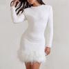 Women's Sequin Feather Trim Mini Dress Long Sleeve Sexy Shiny Bodycon Dress Sparkly Cocktail Gown for Birthday Party Club Night