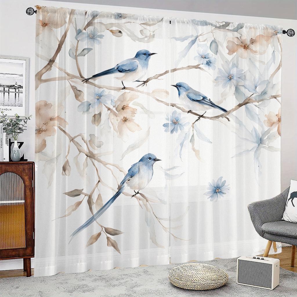 2Pc Gorgeous Blue Floral Print Curtains, Polyester Fabric, Machine Washable, Suitable For Living Rooms And Bedrooms