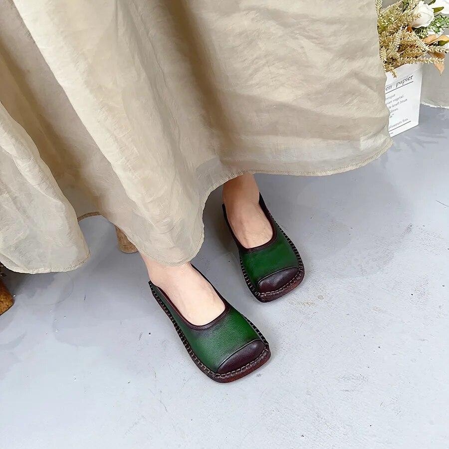 Johnature Лоферы из натуральной кожи в стиле ретро на мелкой плоской подошве. Удобная женская обувь без шнуровки на мягкой подошве с квадратным носком