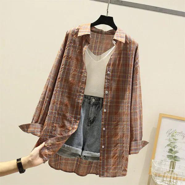 Cotton Thin Sunscreen Plaid Shirt Spring and Summer Women's Loose Plaid Shirt Student Jacket