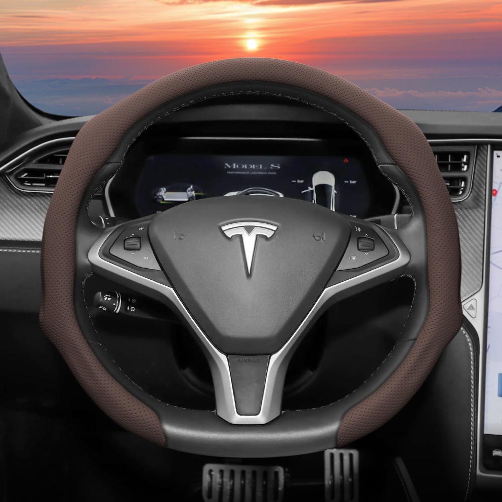Подходит для Tesla, Чехол на перфорированное кожаное рулевое колесо, Нескользящий, Впитывающий пот, Дышащий, Интегрированный защитный чехол-защелка для Model 3 Y S