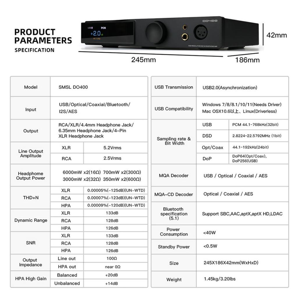 SMSL DO400 Full Balance DAC Headphone Amplifier ES9039MSPRO USB DAC Bluetooth DAC MQA DAC IIS Input DAC Headphone Amplifier with Remote Control