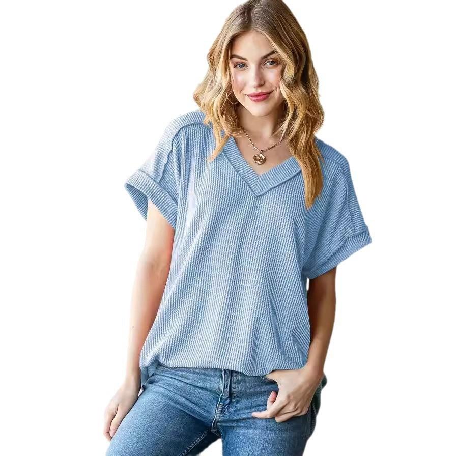 Летняя свободная повседневная футболка с v-образным вырезом и короткими рукавами, женская элегантная однотонная футболка больших размеров, офисная женская простая модная женская футболка 24495