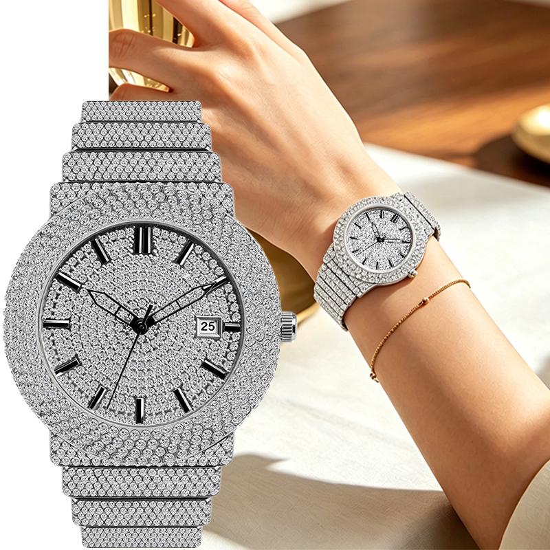 Bling Diamond Wrist Watches for Ladies Sparkling Full Crystal Quartz Watch Date Waterproof Fashion Dress Watch for Man