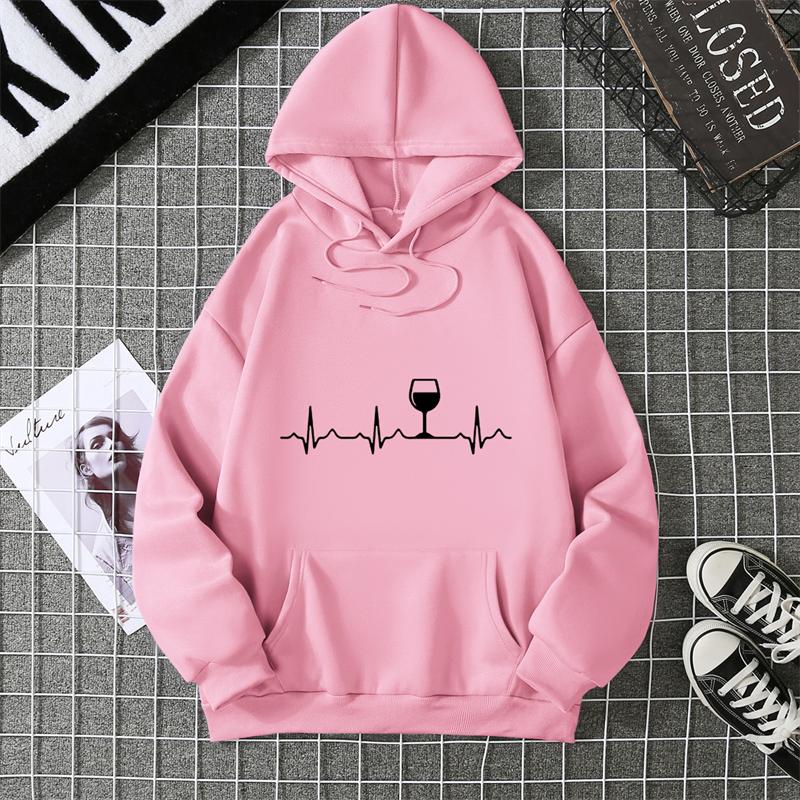 Wine Heartbeat Print Hoodie Sweatshirts Women Long Sleeve O Neck Loose Hoodies Ladies Pullovers Warm Pocket Hooded Jacket