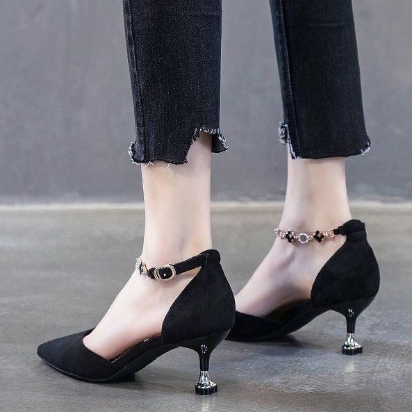 Женские туфли на высоком каблуке телесного цвета, тонкий каблук, новая модель весна-осень, средний каблук, сандалии с полым верхом и ремешком на щиколотке, туфли-лодочки на низком каблуке для женщин