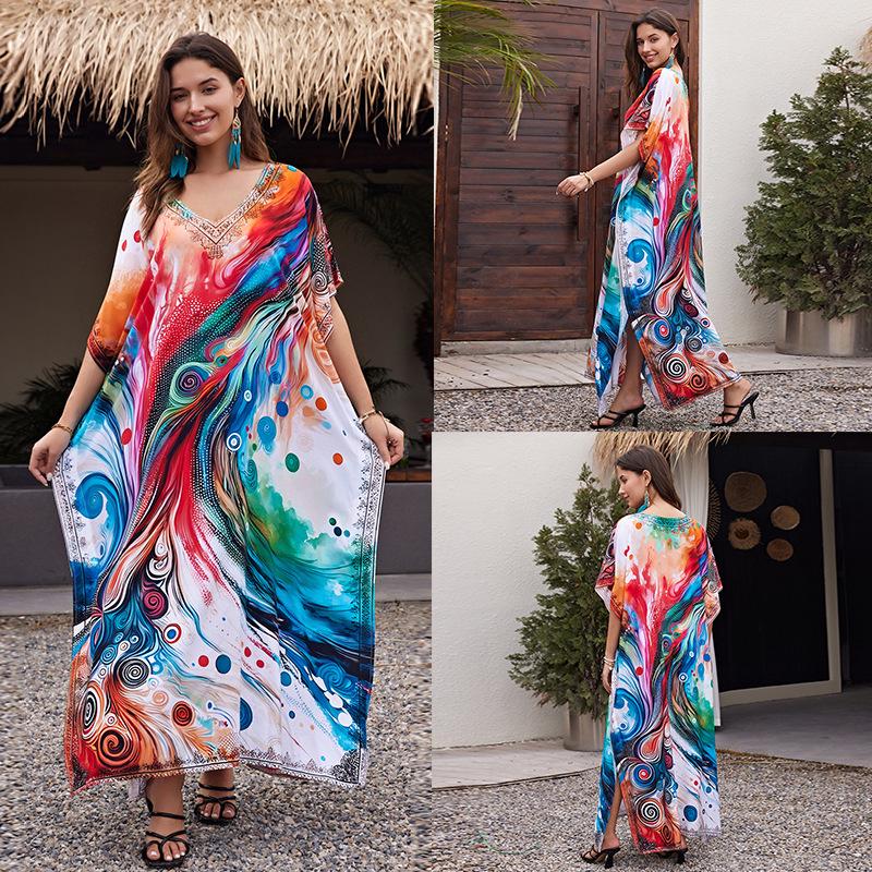 Свободный хлопковый халат большого размера с принтом - Пляжная накидка для женщин