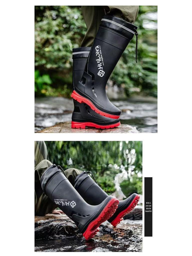 Stylish Men's Non-Slip Waterproof High-Top Rain Boots with Drawstring - Long Tube Fishing Wear-Resistant
