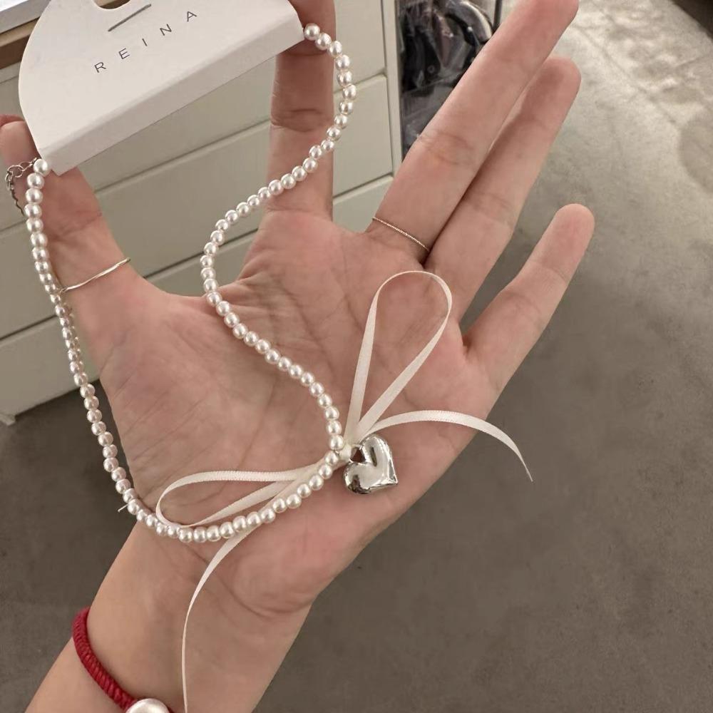 Heart Bow Choker Pearl Clavicle Chain Trend Pendant Necklace  Women