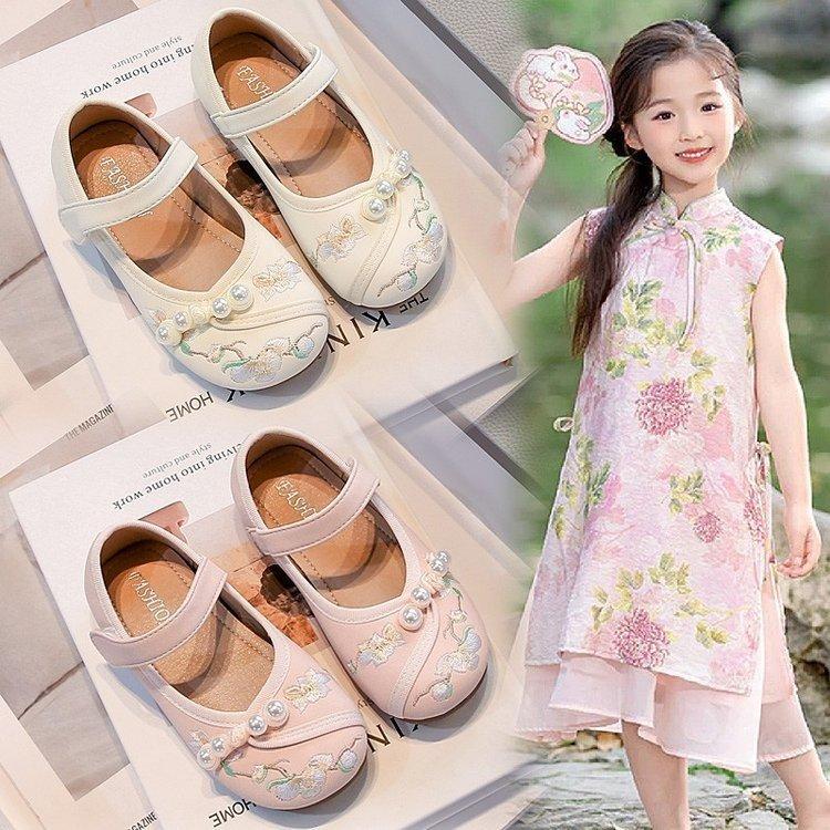 Girls' Hanfu shoes, new summer styles, children's princess flats, Chinese-style embroidered shoes, girls' leather shoes, trendy