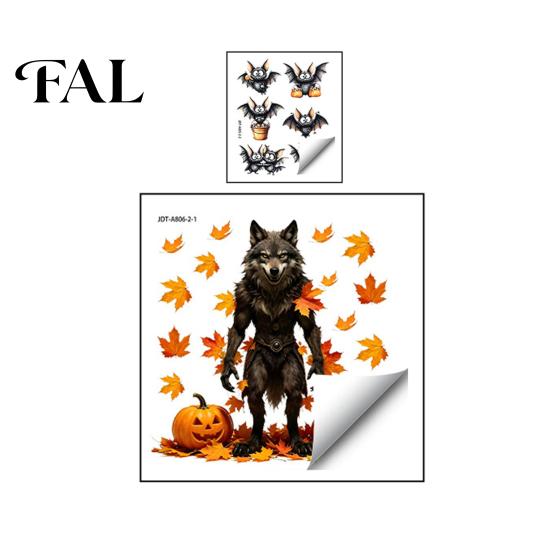 Retro Style Pumpkin Bat Wall Decor 2PCS Halloween Sticker, Werewolf/Witch/Clown Horror Pattern Print, Self-adhesive Indoor Murals Waterproof