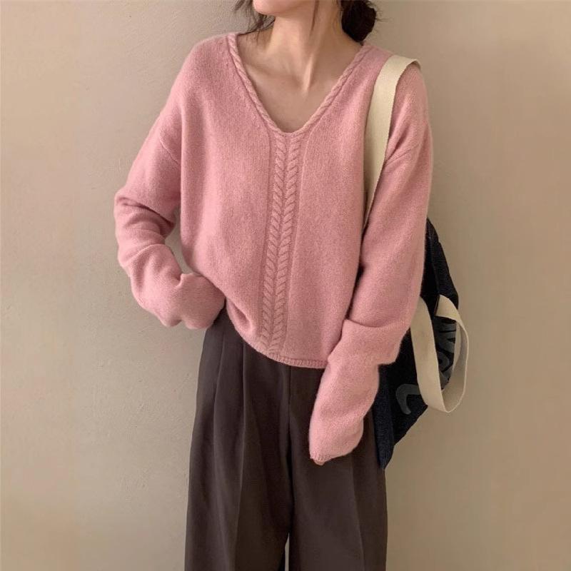 Women's V-neck Pullover Sweater Autumn and Winter New Loose Knit Sweater for Women